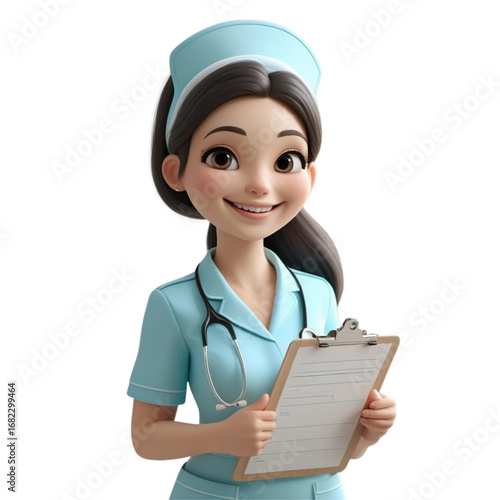 3D nurse character in clinic for healthcare content. Happy female medical professional with clipboard, soft lighting.
