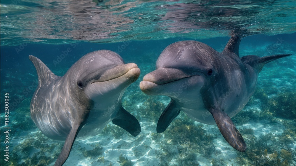 Fototapeta premium Two dolphins interact underwater