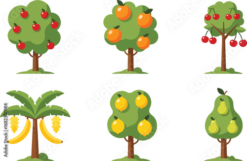 Vibrant orchard collection featuring diverse fruit trees like apples, oranges, cherries, bananas, lemons, and pears, perfect for educational or design projects.