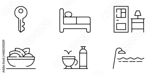 Hotel Amenities and Services in Simple Black and White Icons Room Key Bed Food and Beverage and Bathroom Facilities