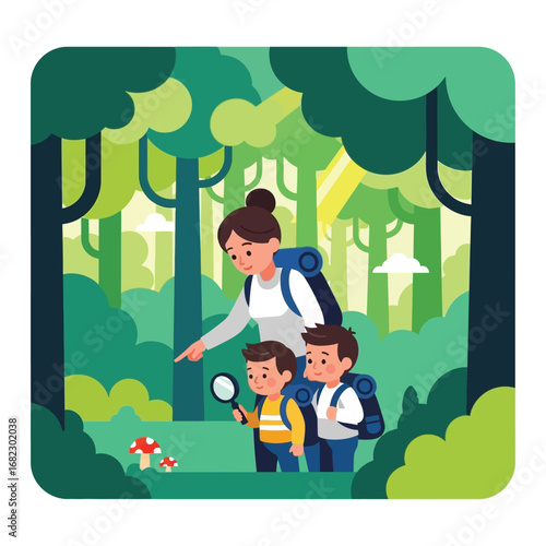 A mother and two children explore a forest, using a magnifying glass to examine a mushroom.