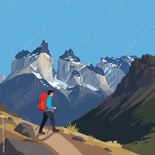 A hiker ascends a mountain path in Torres del Paine National Park.