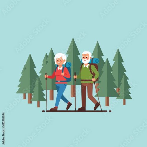 Senior couple hiking in a forest with backpacks and trekking poles.