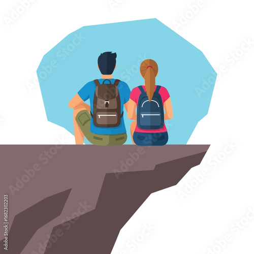 Couple with backpacks enjoying scenic view from clifftop.