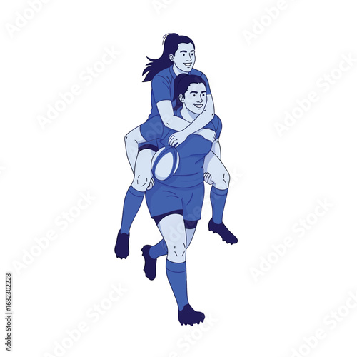 A joyful rugby player piggybacks a teammate, celebrating a victory.
