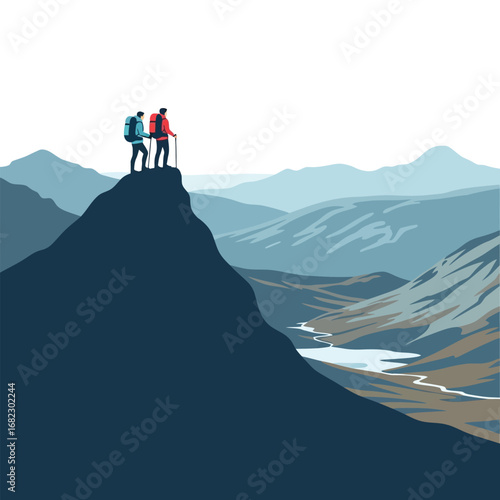 Two hikers stand atop a mountain peak, overlooking a vast, serene valley and distant mountain ranges.