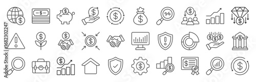 Investment icons set collection. Investor, Asset, Profit, Portfolio, Fund, Dividend editable stroke icon. Vector illustration eps 10