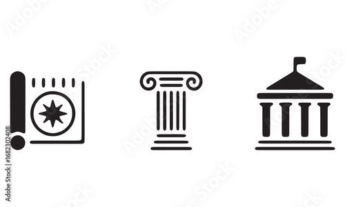Symbols of Civilization Timeless Icons Representing Knowledge History and Governance with a Starburst Column and Government Building