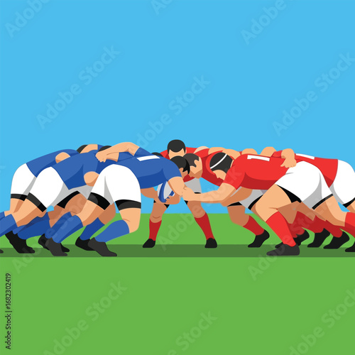 A stylized illustration of a rugby scrum, players engaged in a competitive match.