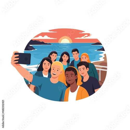A group of friends take a selfie with a scenic ocean sunset backdrop.