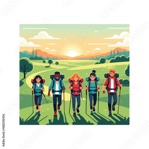 A group of hikers walking through a scenic landscape during sunset.