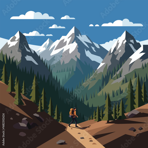 A hiker ascends a mountain path through a lush valley, amidst snow-capped peaks.