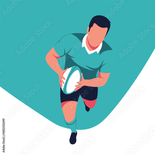 Rugby player in action, holding the ball, top-down view.