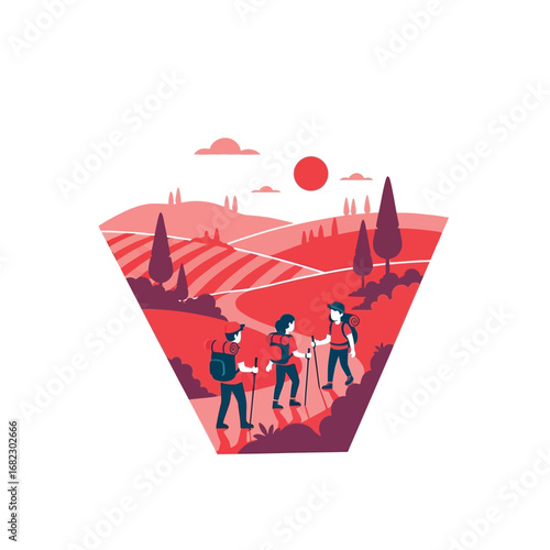Three hikers enjoying a scenic landscape with rolling hills and vineyards.