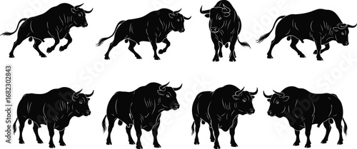Illustration of aggressive and powerful black bulls in different poses, strong animals, farm livestock, nature wildlife, animal strength, bull silhouettes, black bull vector art.