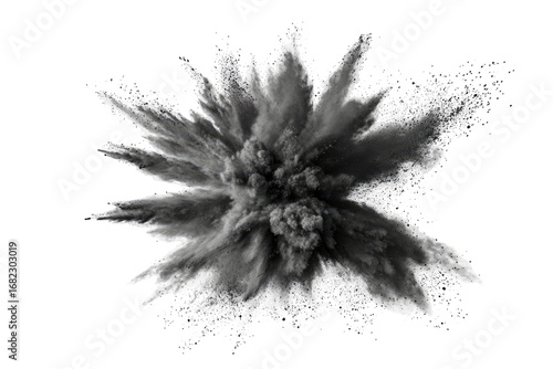Exploding dark gray powder in a radial pattern against a black background