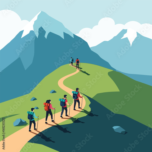 Hiking group ascends scenic mountain trail, enjoying breathtaking alpine panorama.