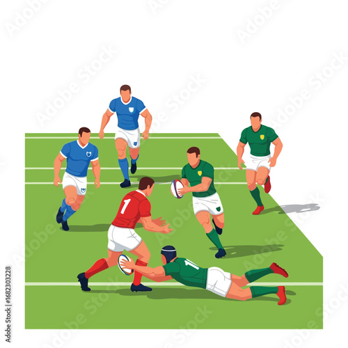 Intense rugby match; players grapple for the ball during a scrum.