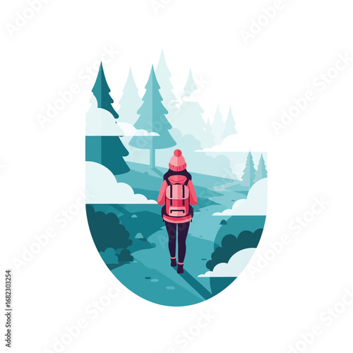 A lone hiker with a backpack journeys through a serene, snow-dusted winter forest.
