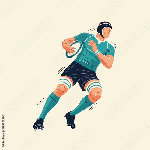 Rugby player in action, dynamic pose, teal uniform, running with ball.