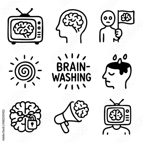 A set of doodle line icons illustrating brainwashing, mind control, manipulation, media influence, hypnosis, and mental programming