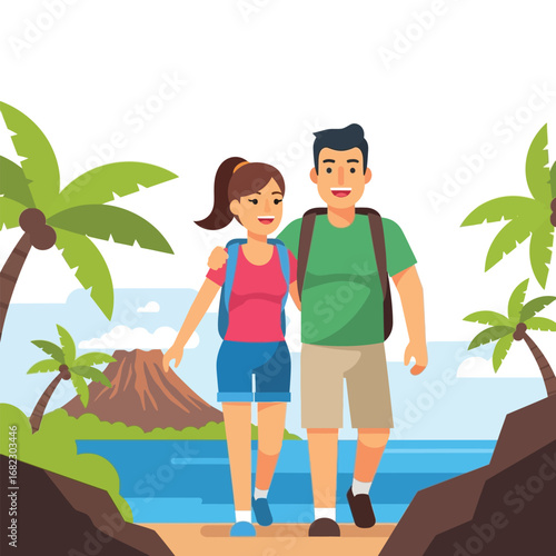 A couple with backpacks hiking on a tropical island with palm trees and a volcano in the background.