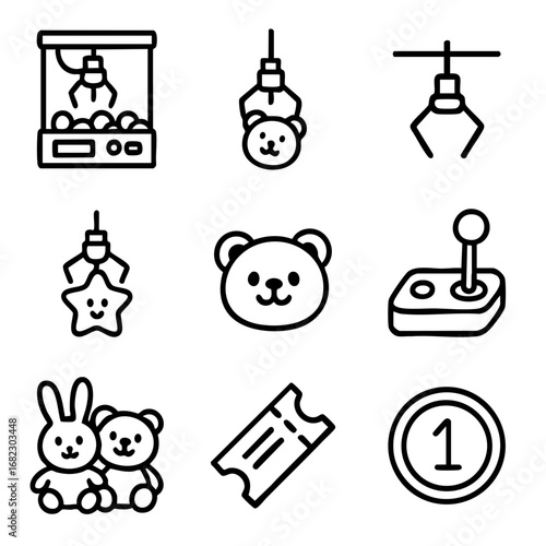 A set of doodle line icons featuring claw machines, plush toys, arcade controls, game tickets, prizes, and amusement fun