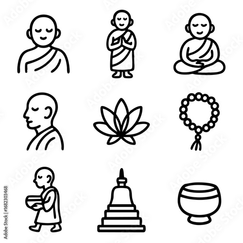 A set of doodle line icons featuring Buddhist monks, meditation, alms, temples, prayer beads, and peaceful spiritual practice