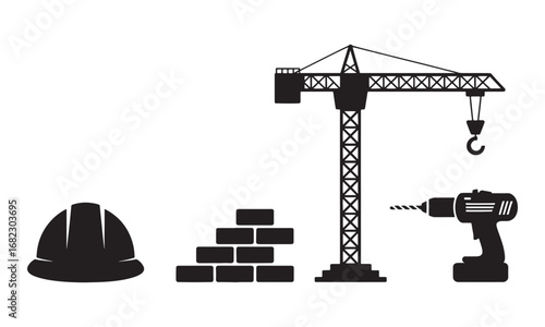 Construction Site Elements Silhouette Depicting Building Process, Safety Gear, Machinery and Brickwork, Providing a Clear Visual Representation of a Construction Project