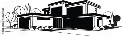 Striking modern luxury home design with clean lines, expansive windows, and elegant landscaping, perfect for architectural visualization and real estate marketing projects.