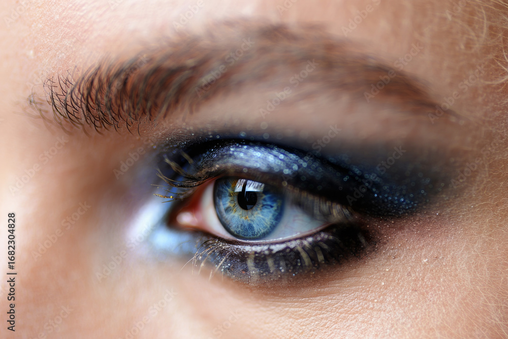 Fototapeta premium Close-up macro of a woman's eye with makeup, showing the detail of her iris, eyelashes, and a bold eyebrow