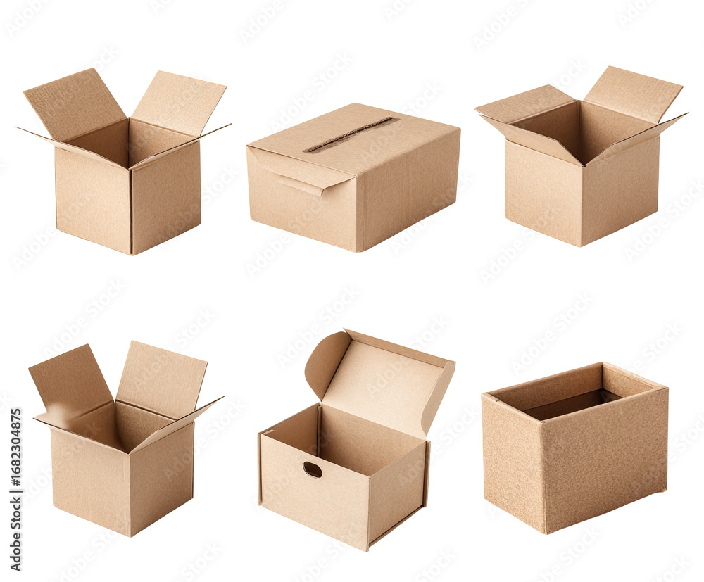 Fototapeta premium Various open cardboard boxes, different angles