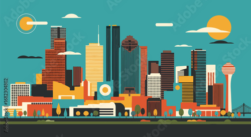 Vibrant city skyline with modern skyscrapers and a distant bridge under a bright sun and fluffy clouds, conveying urban energy and progress