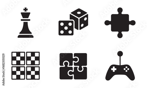 Assortment of Game Icons Representing Different Types of Games Including Chess, Dice, Puzzles, Board Games, and Video Games