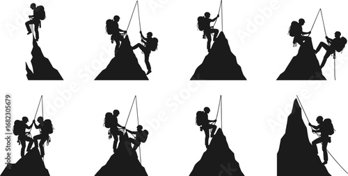 Silhouette of climbers ascending steep mountain, outdoor adventure, extreme sports, teamwork, safety ropes, mountain peak, hiking, nature, fitness, climbing gear, outdoor activity