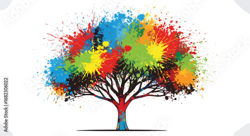 Vibrant explosion of colorful paint splatters forming a stylized tree, symbolizing creativity, growth, and artistic expression in a modern design.