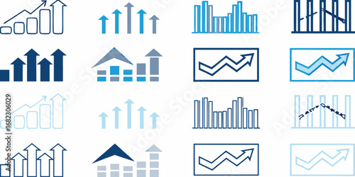 Collection of graphic icons representing business growth and financial progress with upward trending charts and bars