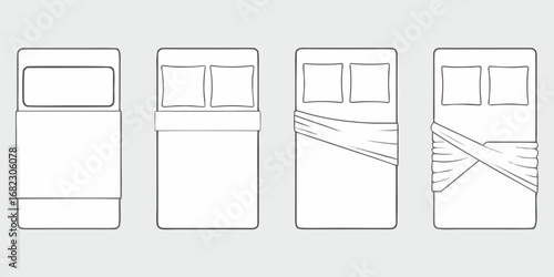 Top view illustration of four different bed setups showing bedding and pillow arrangements