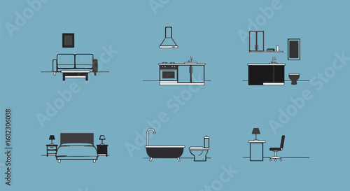 Charming line art illustrations showcasing essential home rooms like a living area, kitchen, bathroom, bedroom, and office workspace for modern design projects