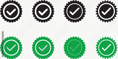 Collection of verified badges and checkmark icons representing approval and quality assurance