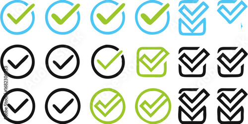 Collection of green and blue checkmark icons in circles and squares on a black background