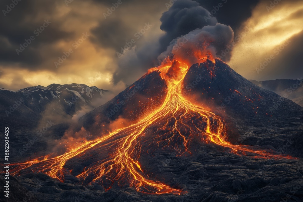 Fototapeta premium Dramatic volcanic eruption with glowing lava flows down mountainside under stormy skies