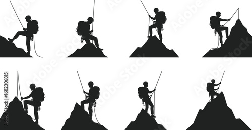 Silhouette of solo mountain climber ascending steep rocky peak with rope, outdoor adventure, extreme climbing, hiking, safety gear, nature, fitness, exploration, thrill
