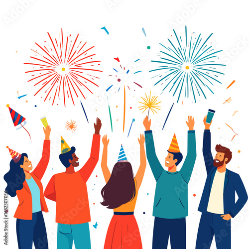 Flat vector illustration of a diverse group of friends celebrating success or a holiday, cheering together under colorful fireworks and confetti