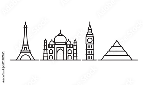 Iconic Landmarks of the World Eiffel Tower Taj Mahal Big Ben and Great Pyramid Minimalist Black and White Line Art