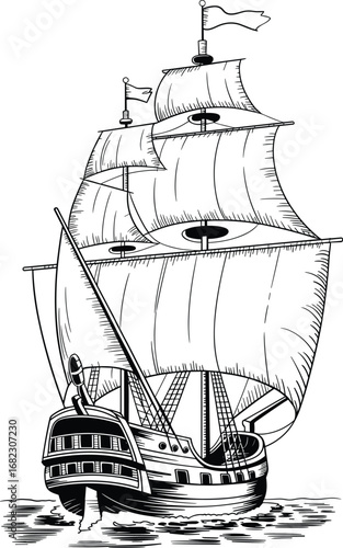 Vintage sailing ship illustration with detailed sails and rigging, classic wooden boat on water, hand-drawn maritime vessel, nautical transportation, historical ship drawing artwork