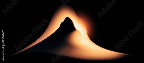 A stylized, abstract mountain peak emerges from a flowing, warm amber landscape against a deep black backdrop.