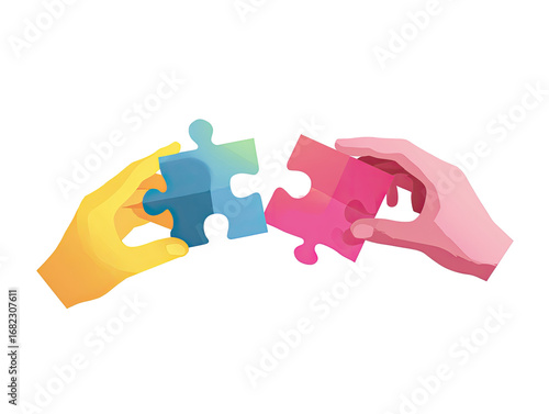 Two hands hold and connect two puzzle pieces.  Colorfully outlined hands with a light, pastel color scheme join complementary puzzle pieces, blue and pink.  Simple, flat design