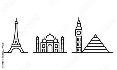 World Landmarks in Outlined Style Eiffel Tower Taj Mahal Big Ben and Pyramid A Simple and Modern Illustration
