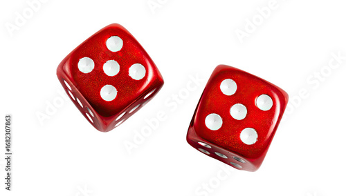 Two red dice, showing five pips each, are depicted against a black background.  They appear to be in mid-air
